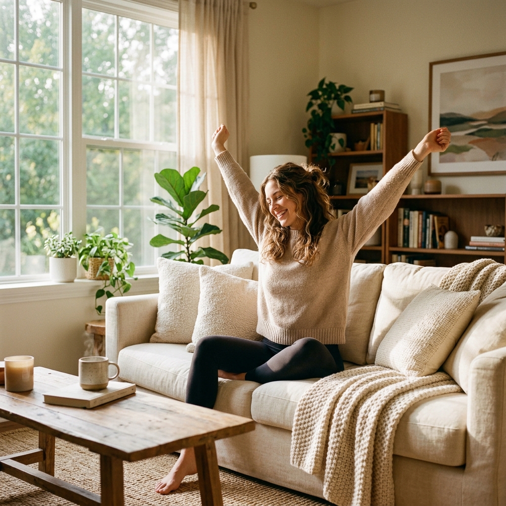 Woman stretching on sofa
